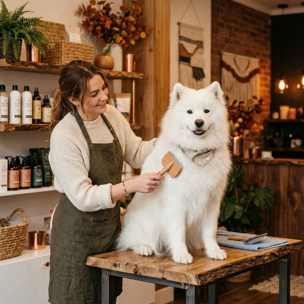 Weißer fluffiger Hund wird gebürstet