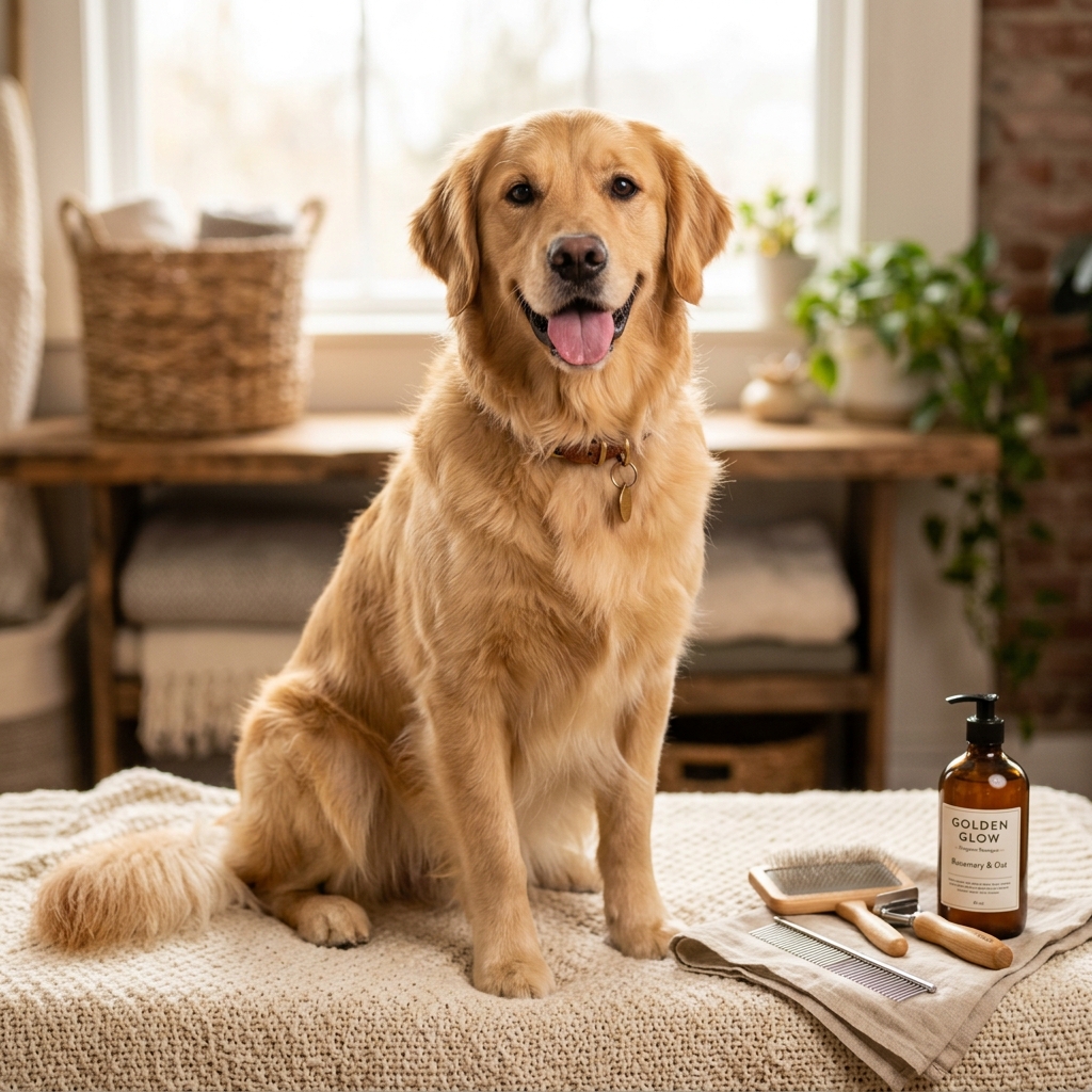 Glücklicher Golden Retriever neben Pflegebürsten